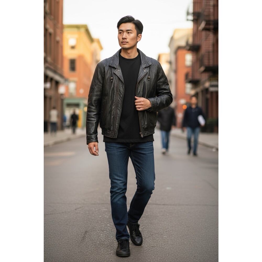 Property vintage black leather bomber jacket from the 1990s with a Size M